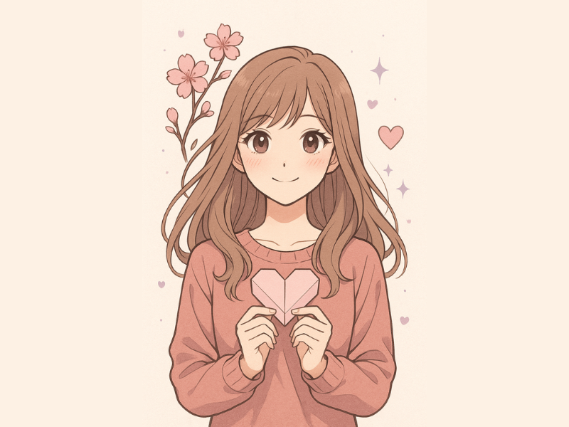 corazones de papel chica manga sostiene un corazón de papel