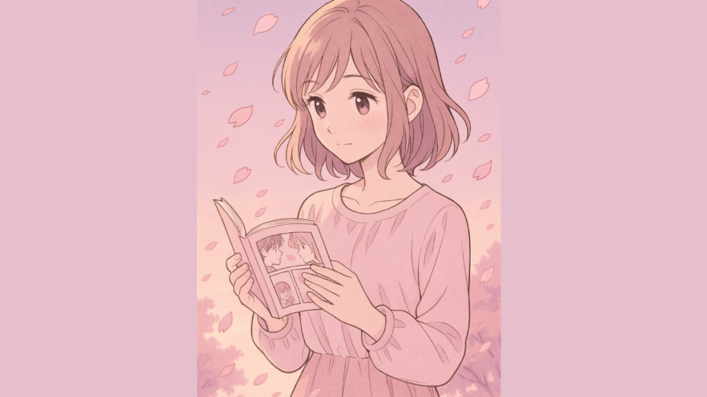 dibujo en tonos rosa de chica leyendo manga shojo